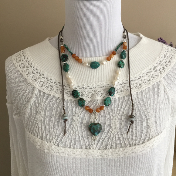 Turquoise, Amber, Pearl, Silver Gemstone Necklace - Picture 6 of 8